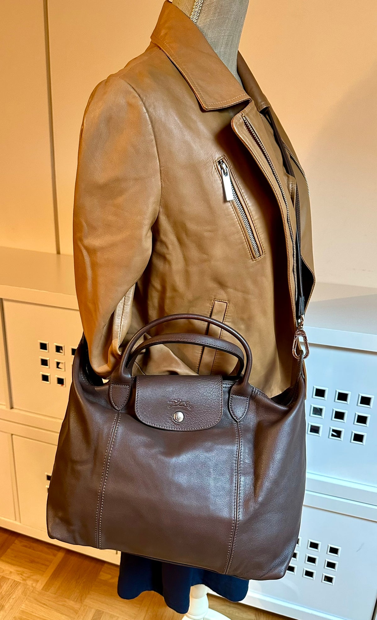 Longchamp Le Pliage Cuir - marron moka, taille M
