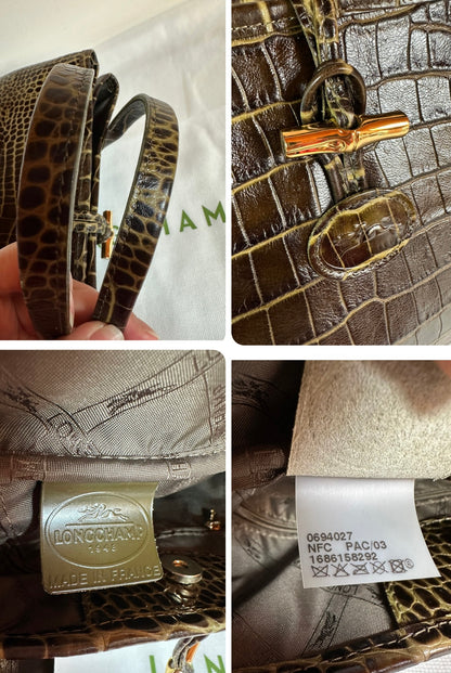 Sac Longchamp Roseau - Cuir Marron foncé & Kaki.
