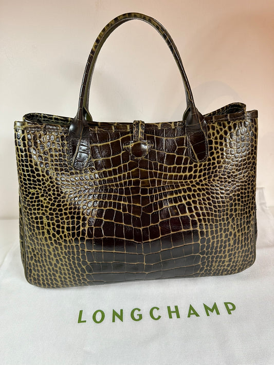Sac Longchamp Roseau - Dunkelbraunes & Khakifarbenes Leder.