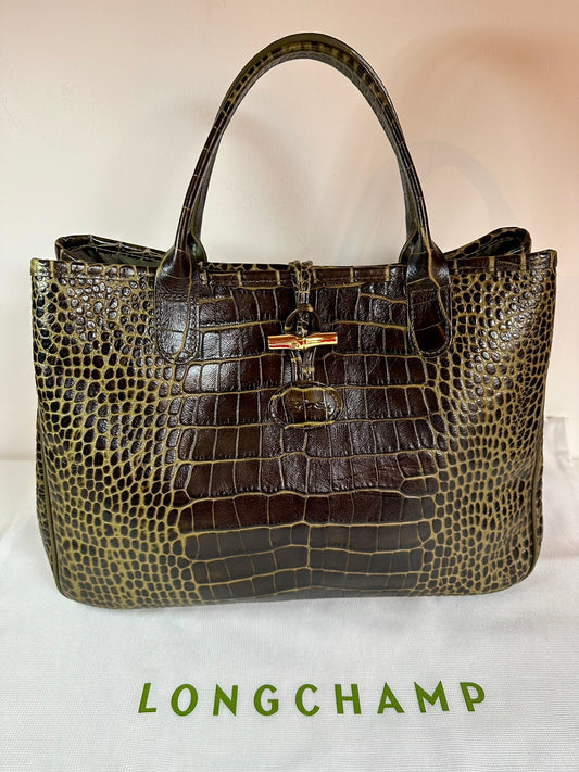 Sac Longchamp Roseau - Dunkelbraunes & Khakifarbenes Leder.