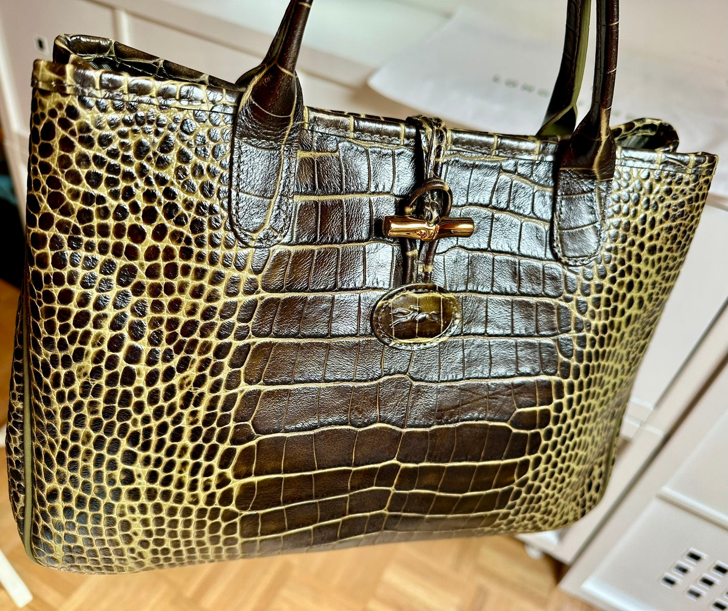 Sac Longchamp Roseau - Cuir Marron foncé & Kaki.