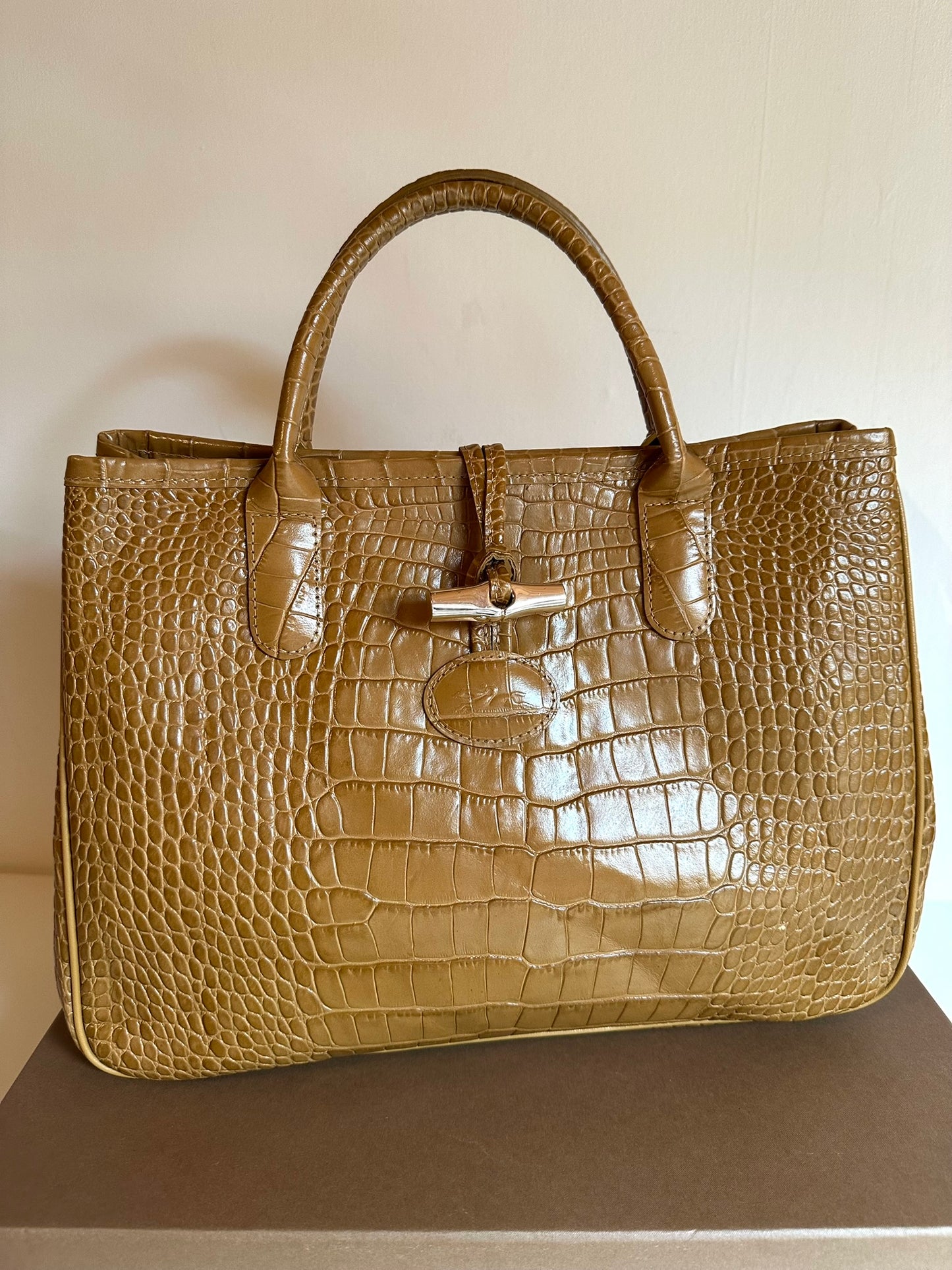 Sac Longchamp Roseau - Cuir Croco moutarde camel