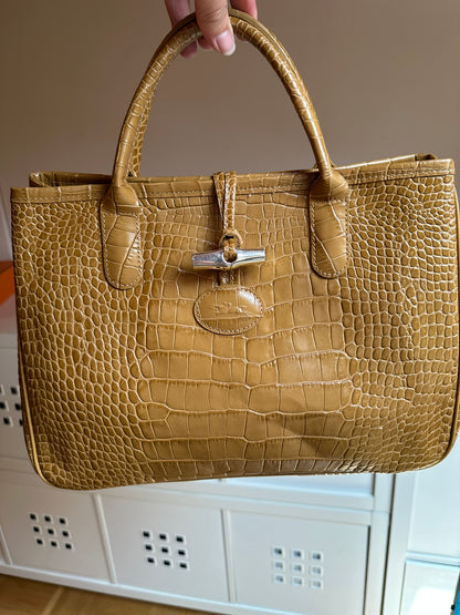 Sac Longchamp Roseau - Cuir Croco moutarde camel