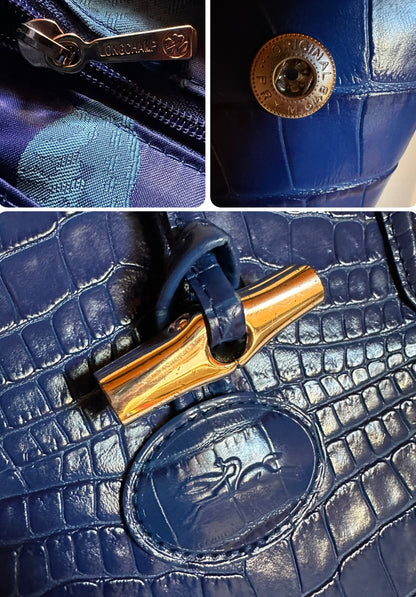 Sac Longchamp Roseau - Cuir Croco Bleu Roi taille M