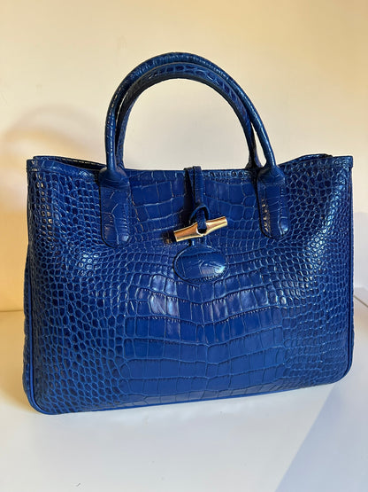 Sac Longchamp Roseau - Cuir Croco Bleu Roi taille M