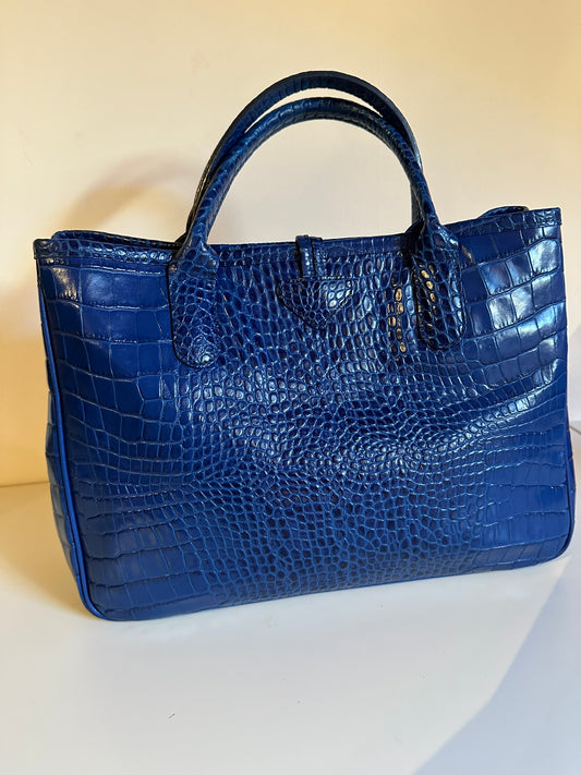 Sac Longchamp Roseau - Cuir Croco Bleu Roi taille M