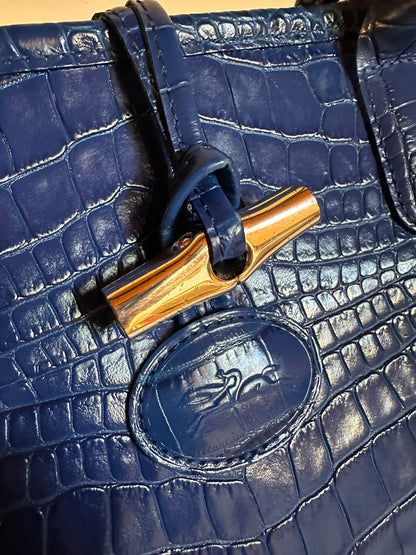 Sac Longchamp Roseau - Cuir Croco Bleu Roi taille M