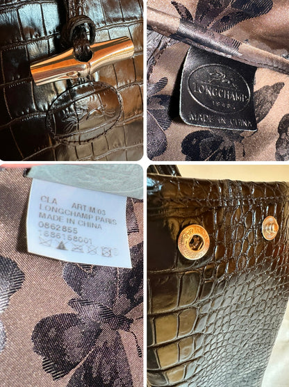 Sac Longchamp Roseau - Cuir Croco Noir.