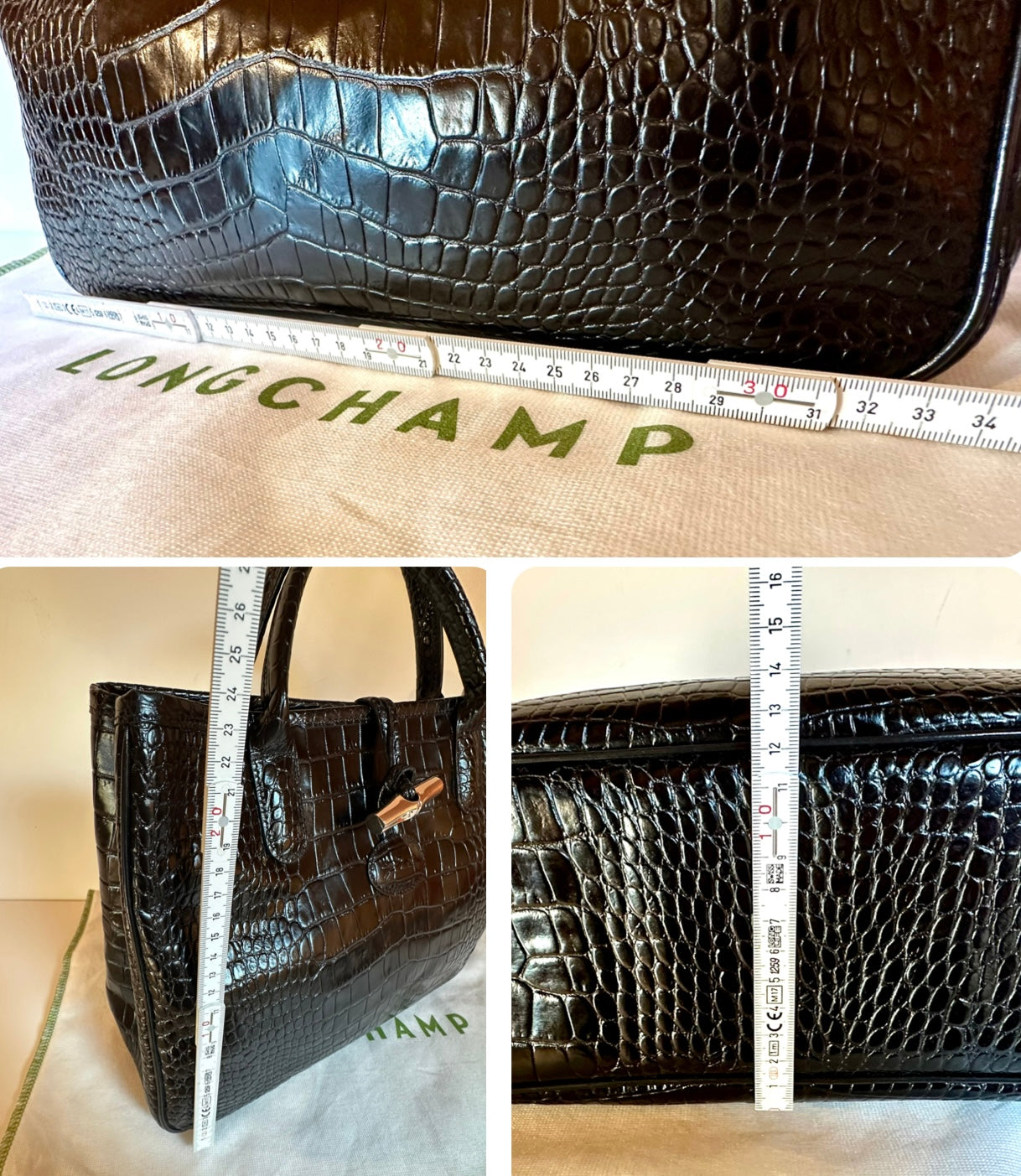 Sac Longchamp Roseau - Cuir Croco Noir.