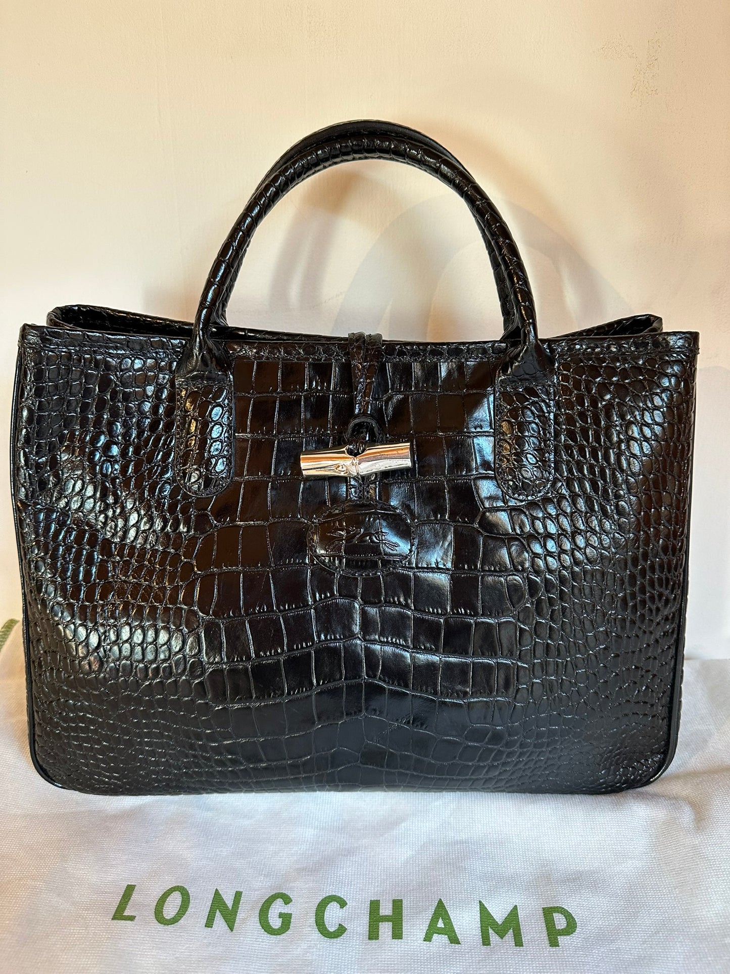 Sac Longchamp Roseau - Cuir Croco Noir.