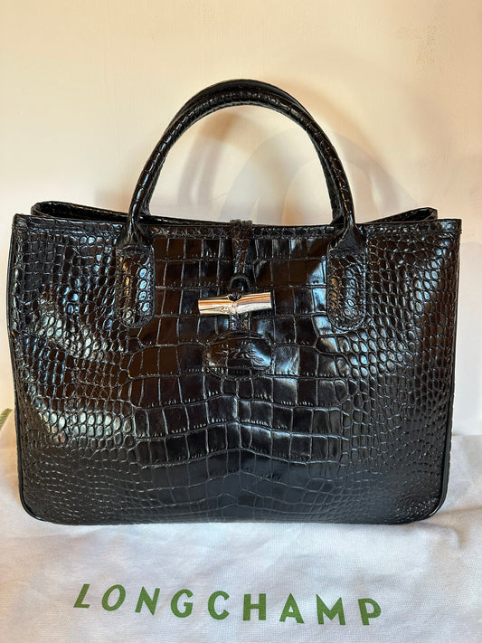 Longchamp Roseau Tasche - Schwarzes Krokodilleder.