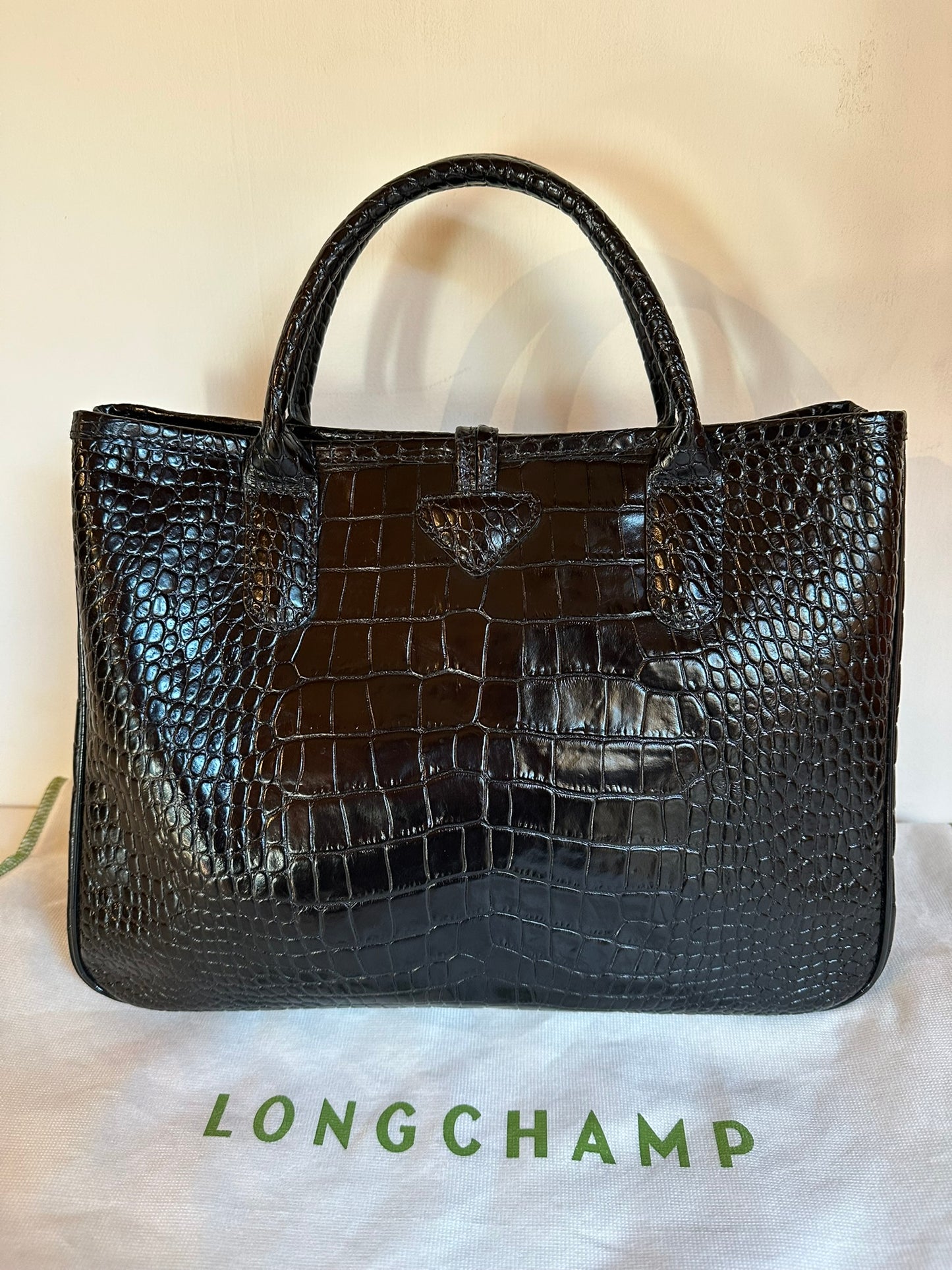 Sac Longchamp Roseau - Cuir Croco Noir.