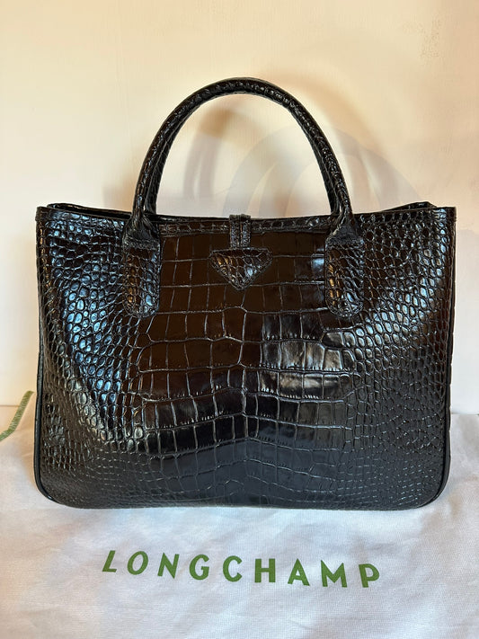 Longchamp Roseau Tasche - Schwarzes Krokodilleder.