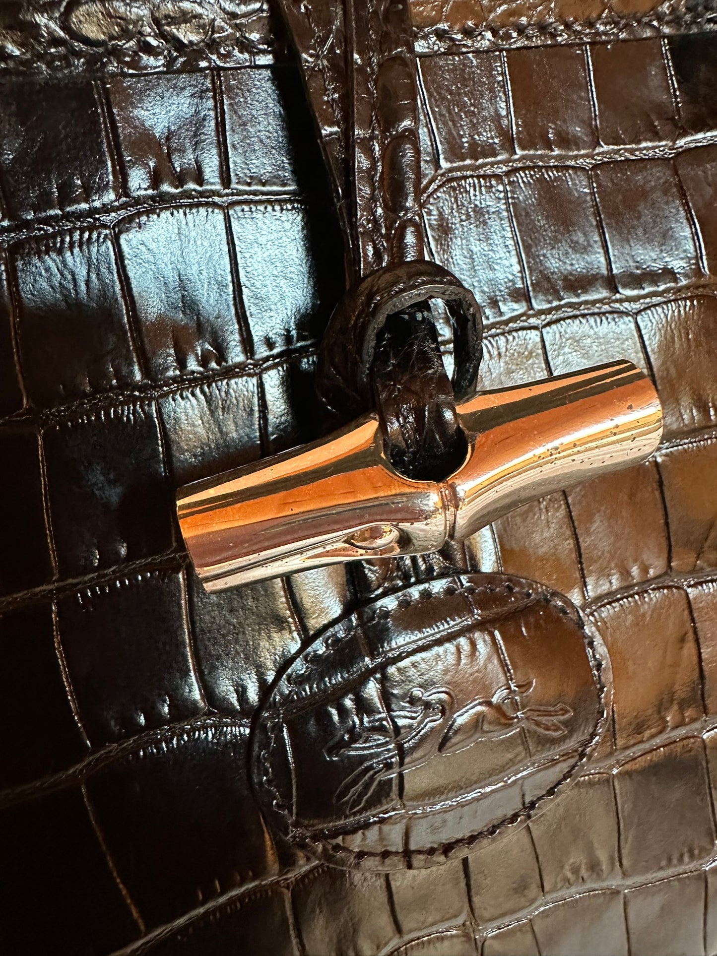 Sac Longchamp Roseau - Cuir Croco Noir.