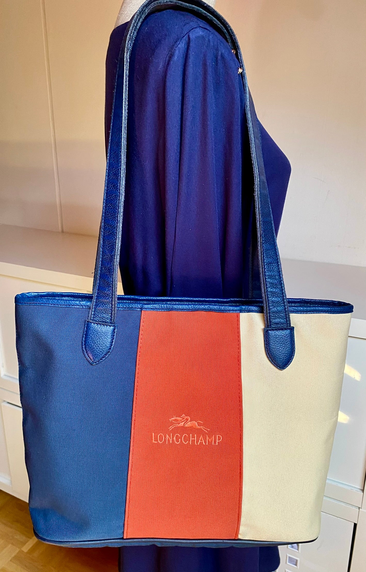 Longchamp Dreifarbige Tragetasche aus Canvas & Leder.