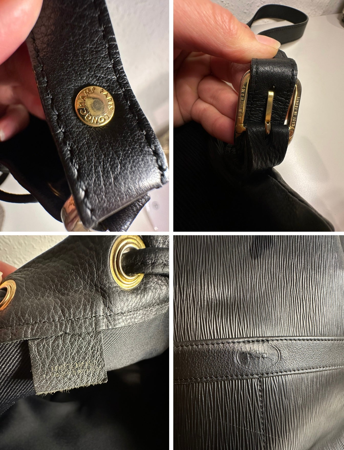 Longchamp sac seau vintage en cuir épis noir