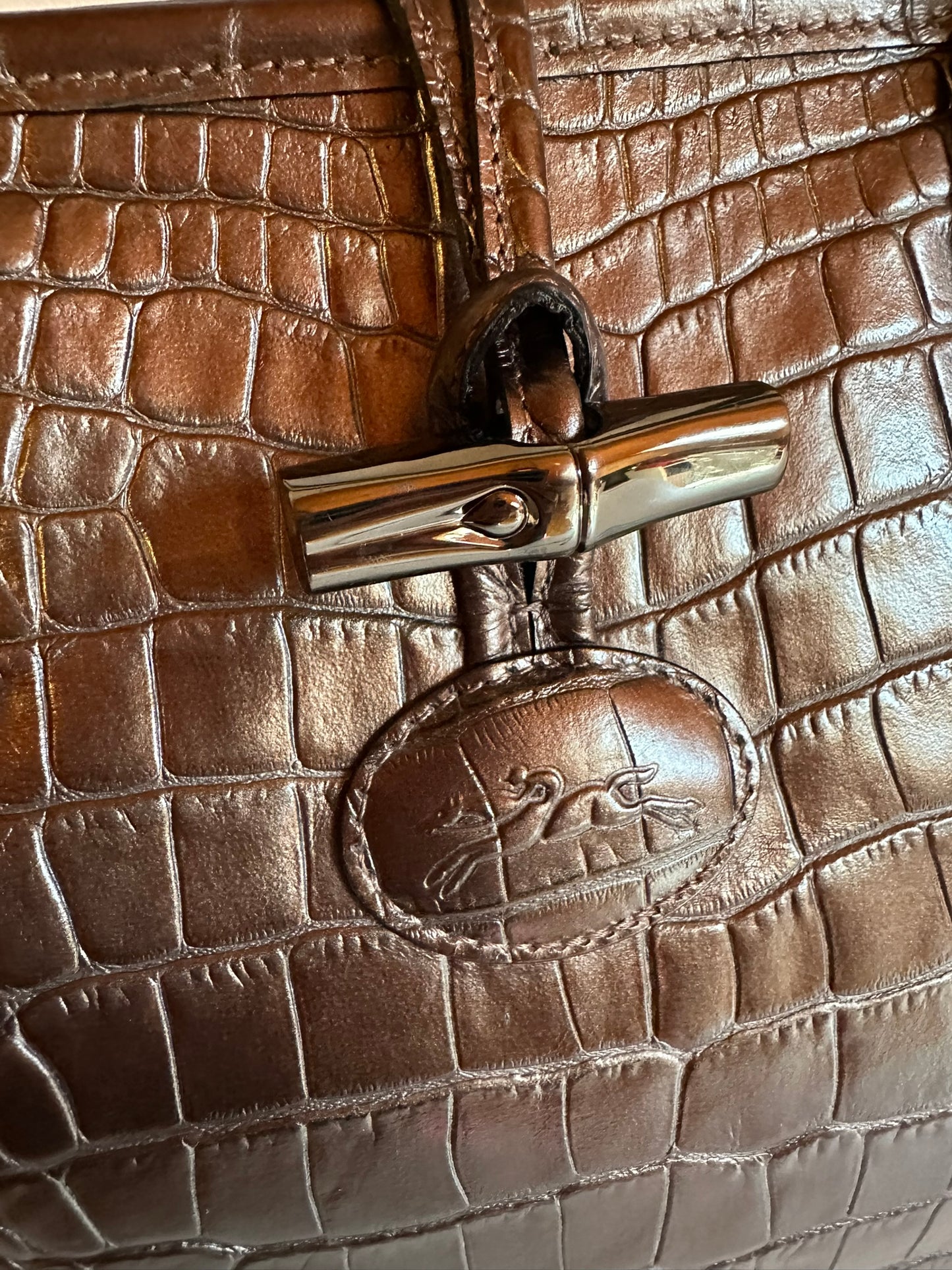 Longchamp Sac Roseau bronze porté épaule
