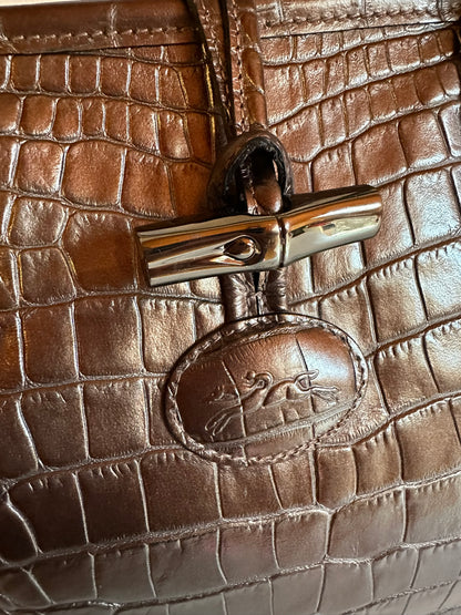 Longchamp Sac Roseau bronze porté épaule