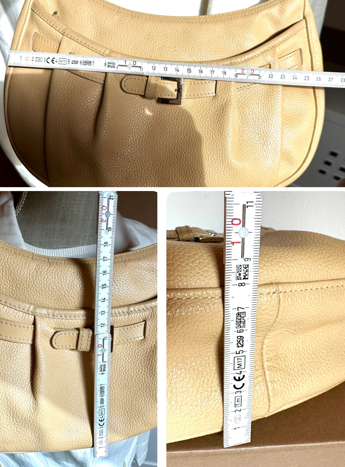 Longchamp Sac cuir beige porté épaule.