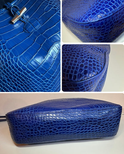 Longchamp Sac besace Roseau - Cuir Croco Bleu Roi