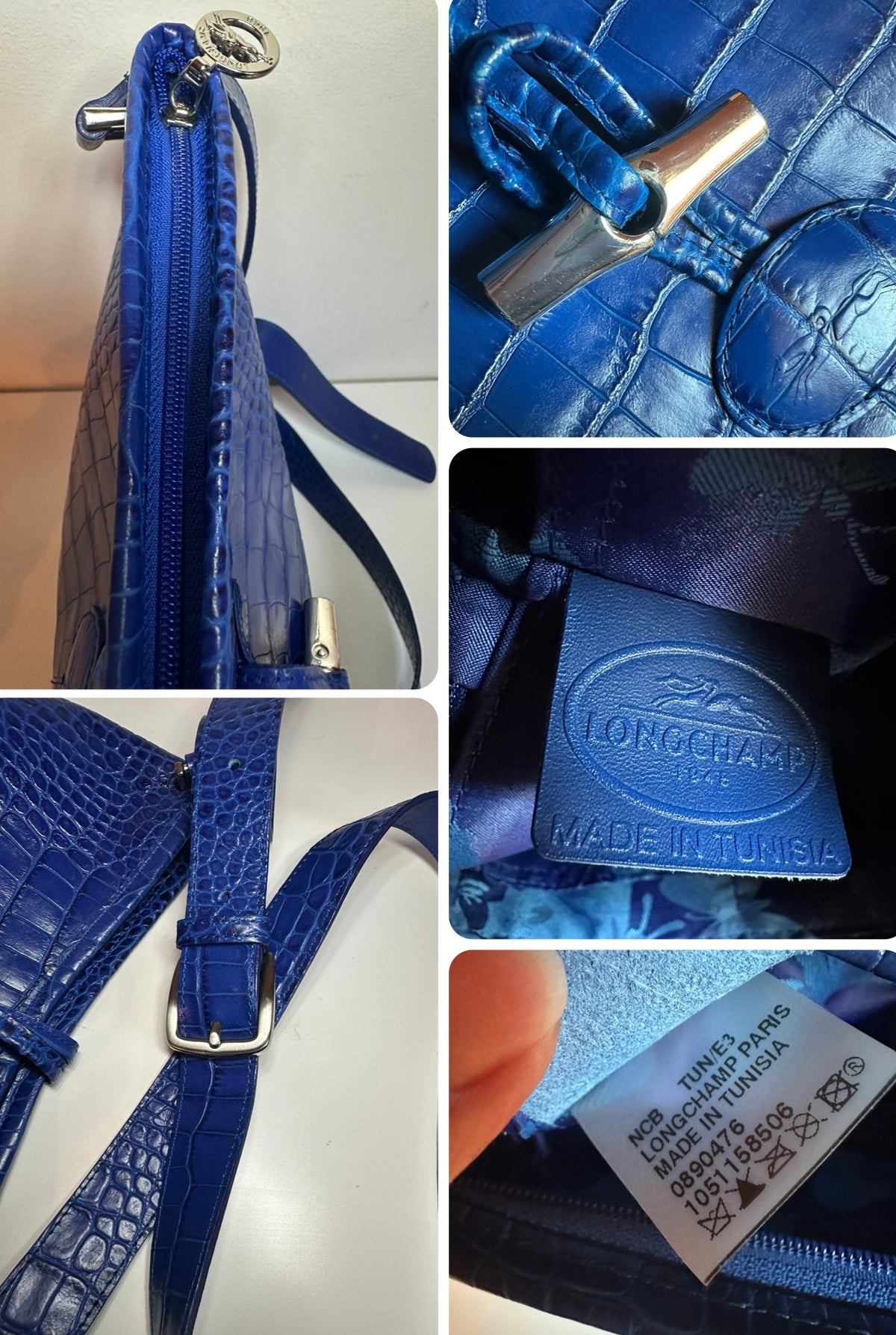 Longchamp Sac besace Roseau - Cuir Croco Bleu Roi