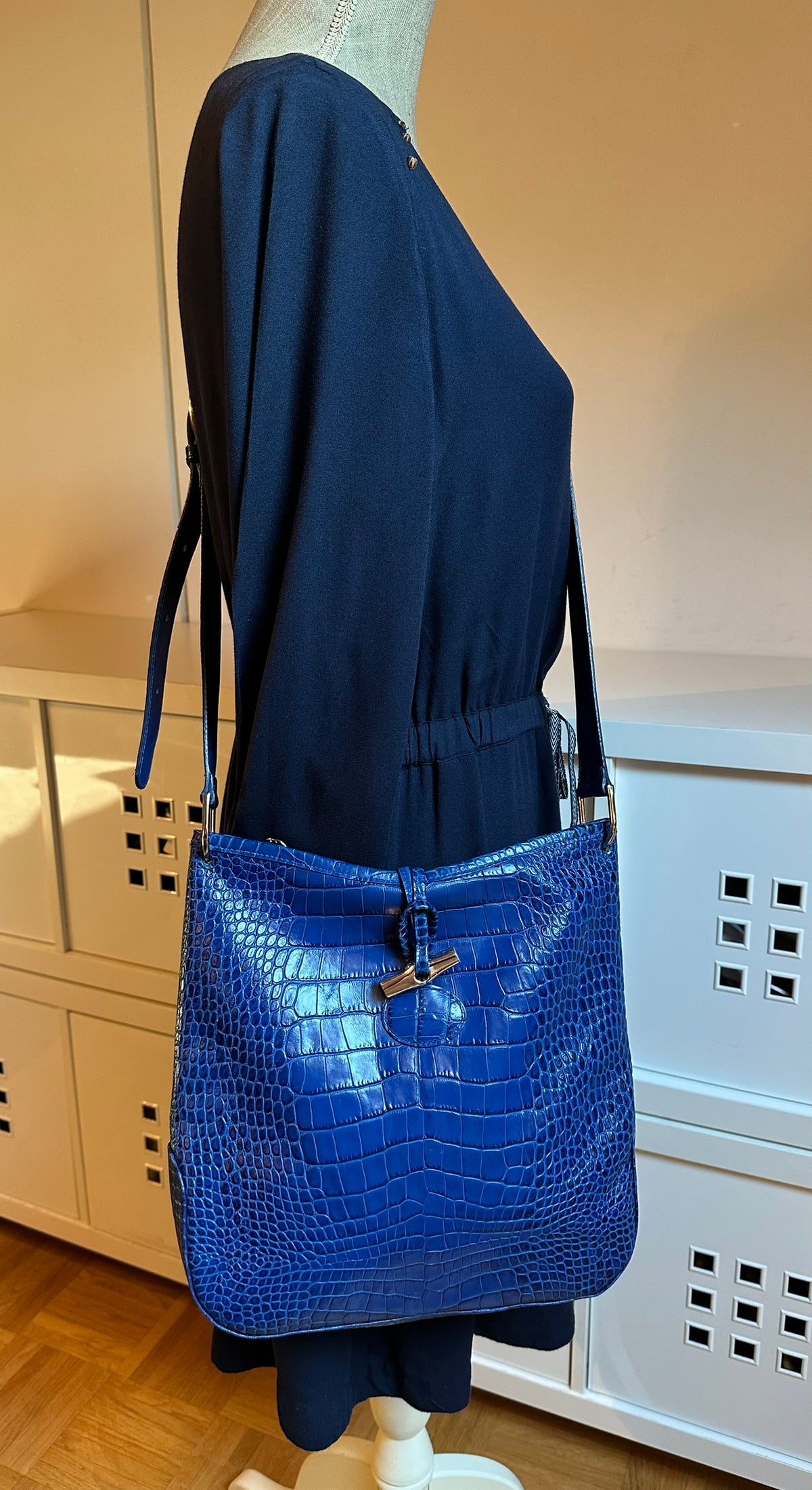 Longchamp Sac besace Roseau - Cuir Croco Bleu Roi