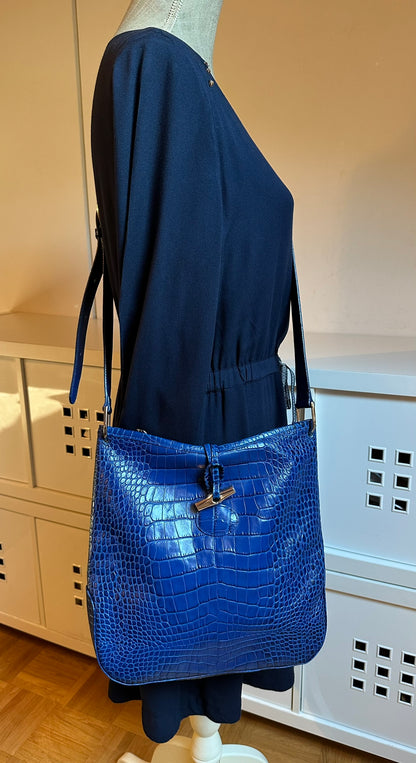 Longchamp Sac besace Roseau - Cuir Croco Bleu Roi