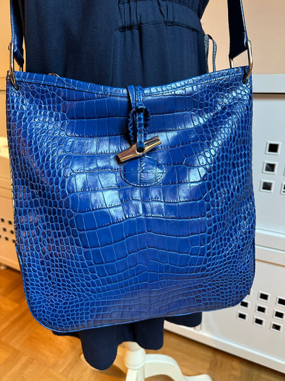 Longchamp Sac besace Roseau - Cuir Croco Bleu Roi