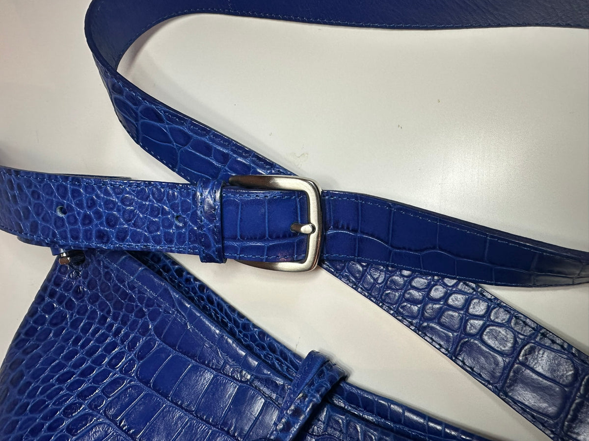 Longchamp Sac besace Roseau - Cuir Croco Bleu Roi