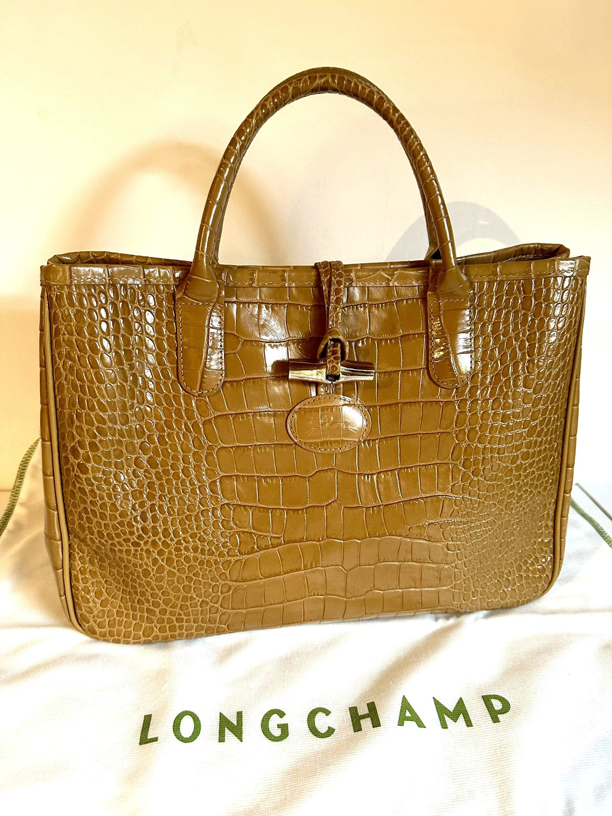 Sac Longchamp Roseau - Cuir Croco camel miel