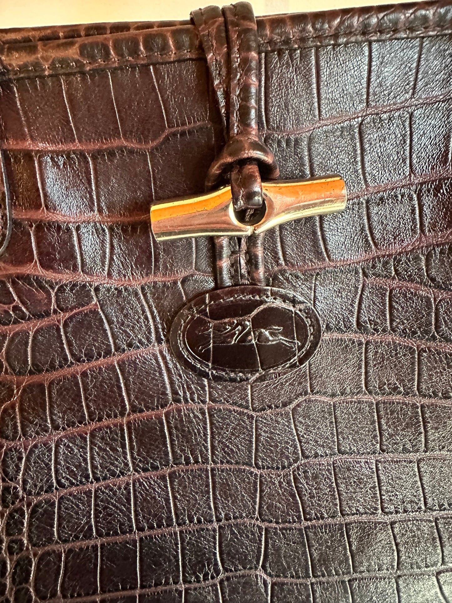 Sac Longchamp Roseau - Cuir Croco Marron.