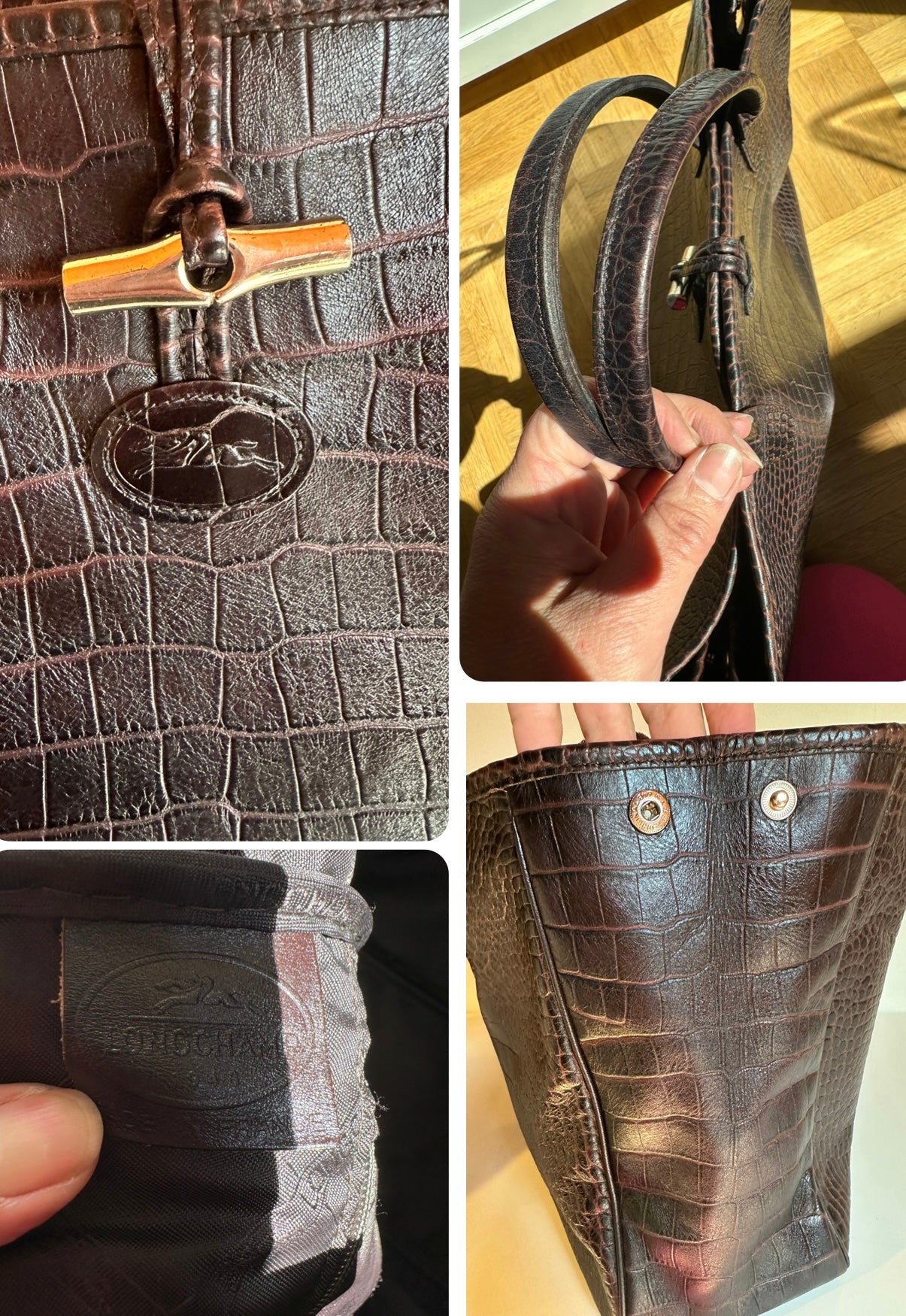 Sac Longchamp Roseau - Cuir Croco Marron.