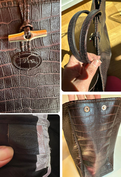 Sac Longchamp Roseau - Cuir Croco Marron.