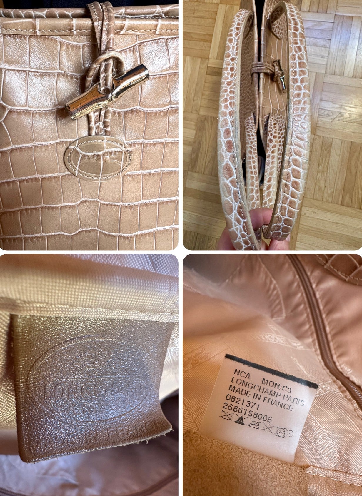Große Longchamp Roseau Tasche - Beiges Krokodil-Leder.