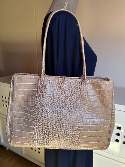 Große Longchamp Roseau Tasche - Beiges Krokodil-Leder.