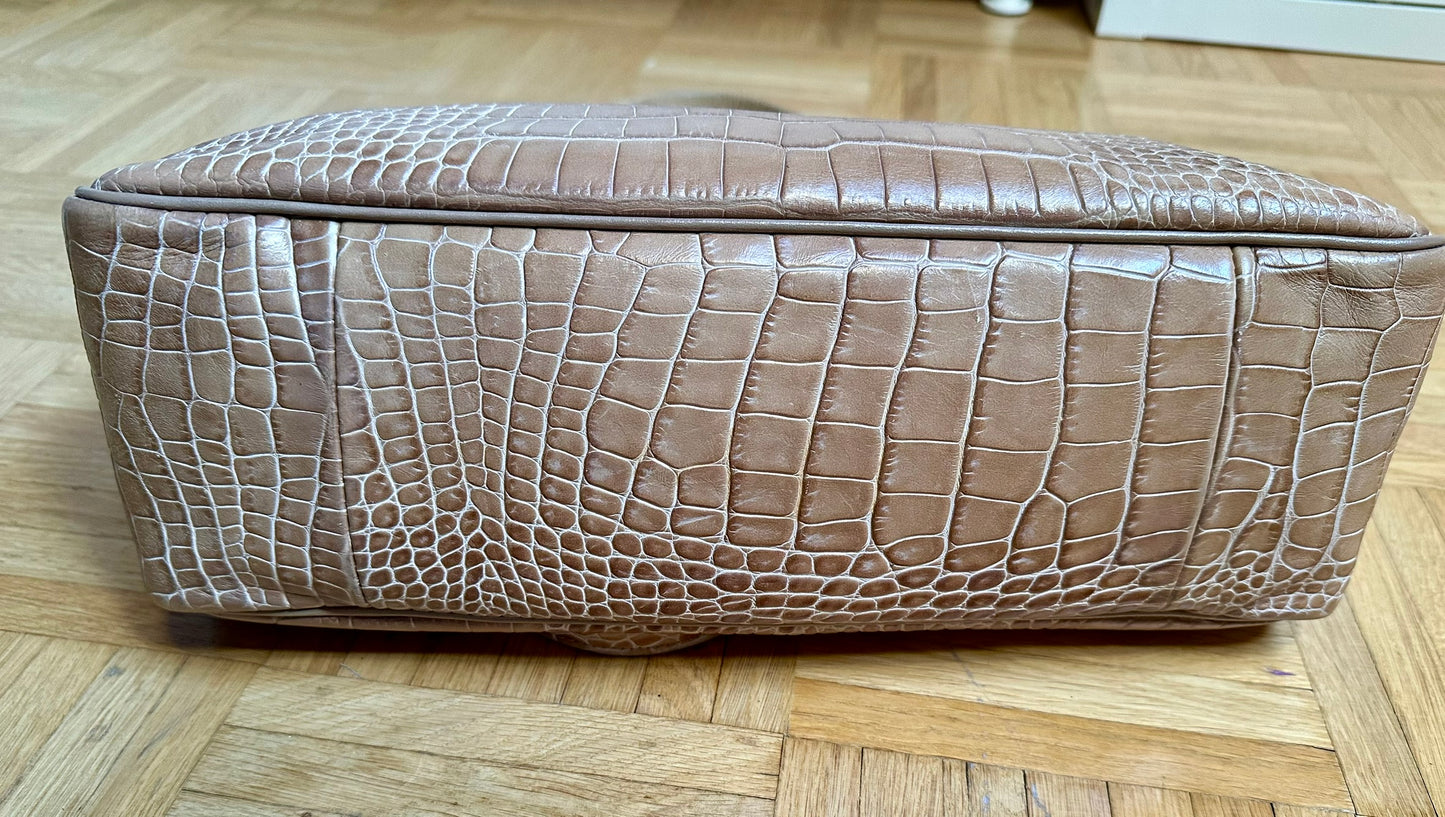 Große Longchamp Roseau Tasche - Beiges Krokodil-Leder.