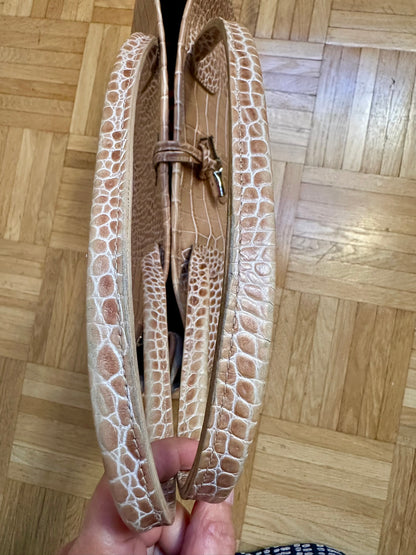 Große Longchamp Roseau Tasche - Beiges Krokodil-Leder.