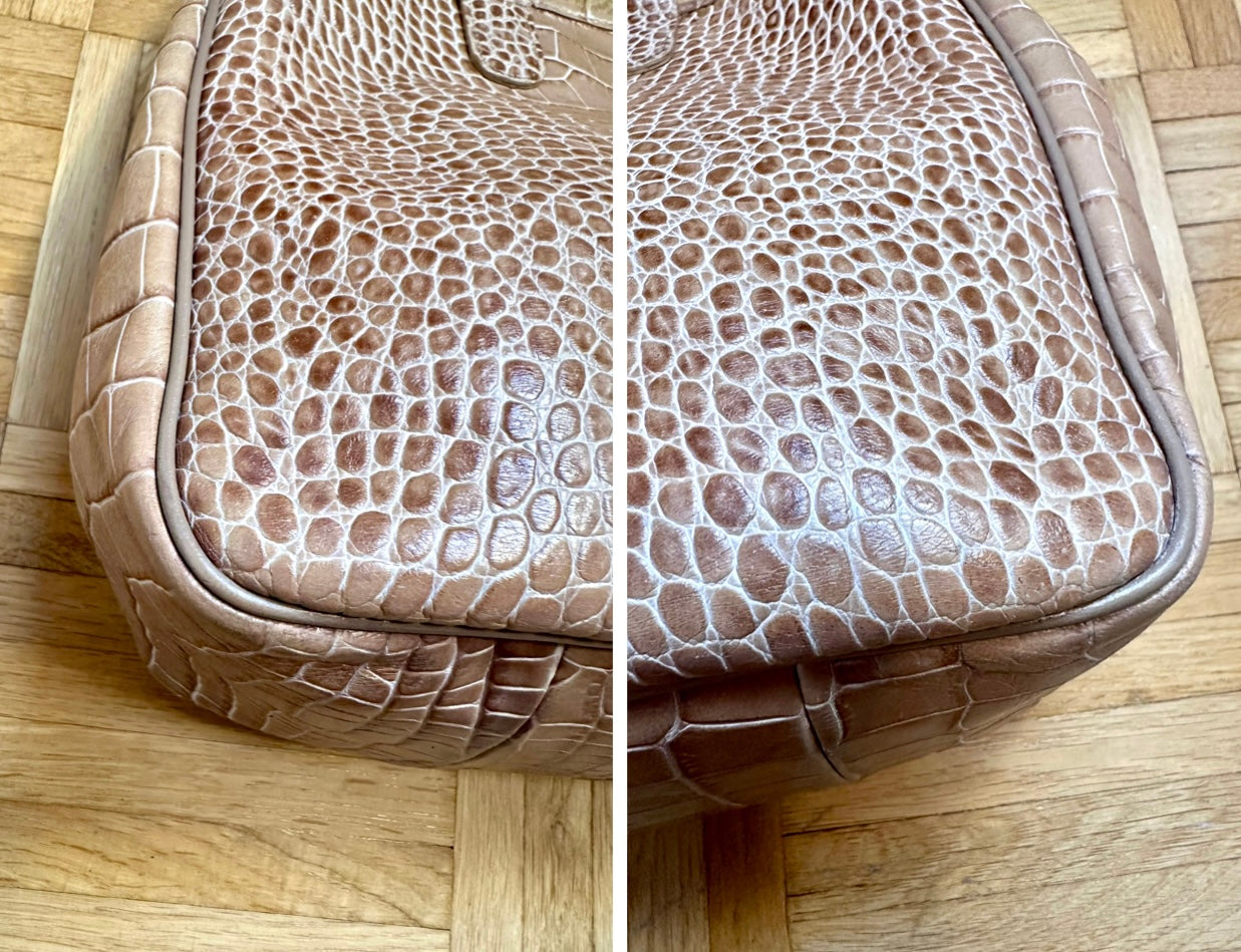 Große Longchamp Roseau Tasche - Beiges Krokodil-Leder.