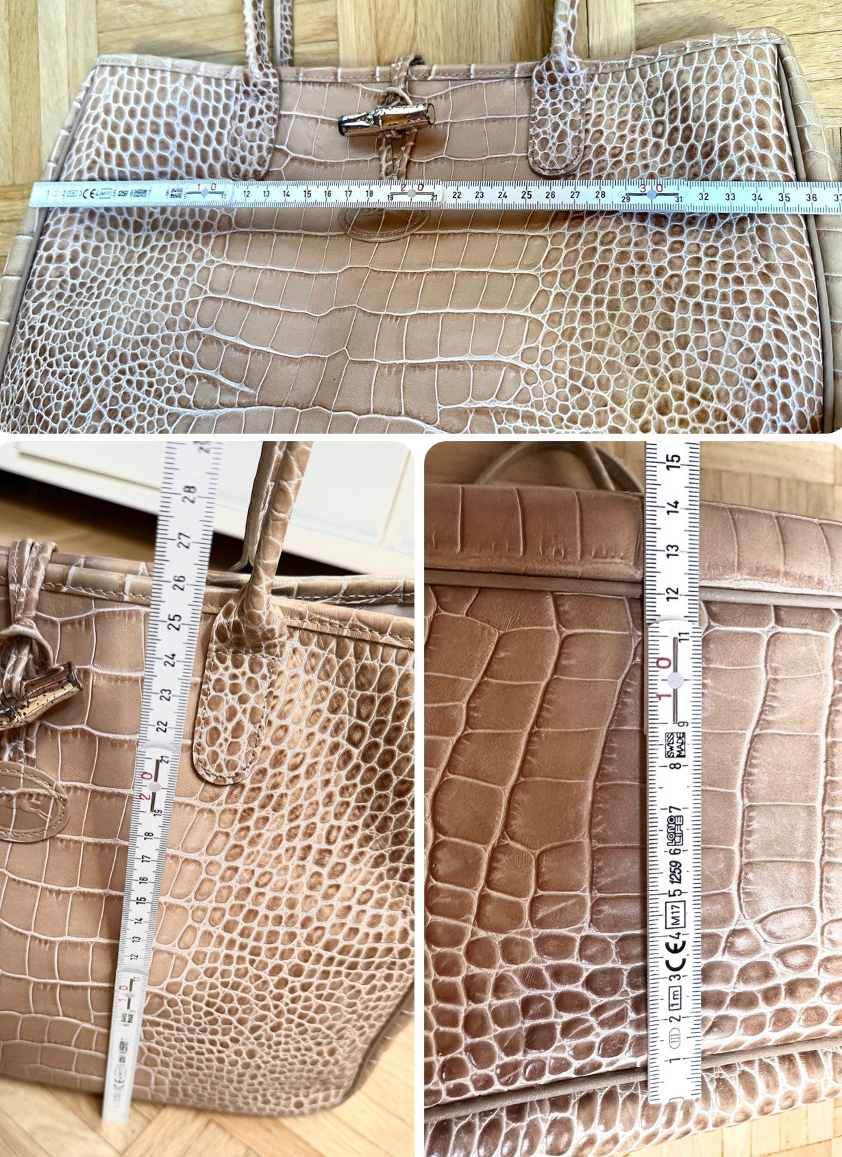 Große Longchamp Roseau Tasche - Beiges Krokodil-Leder.