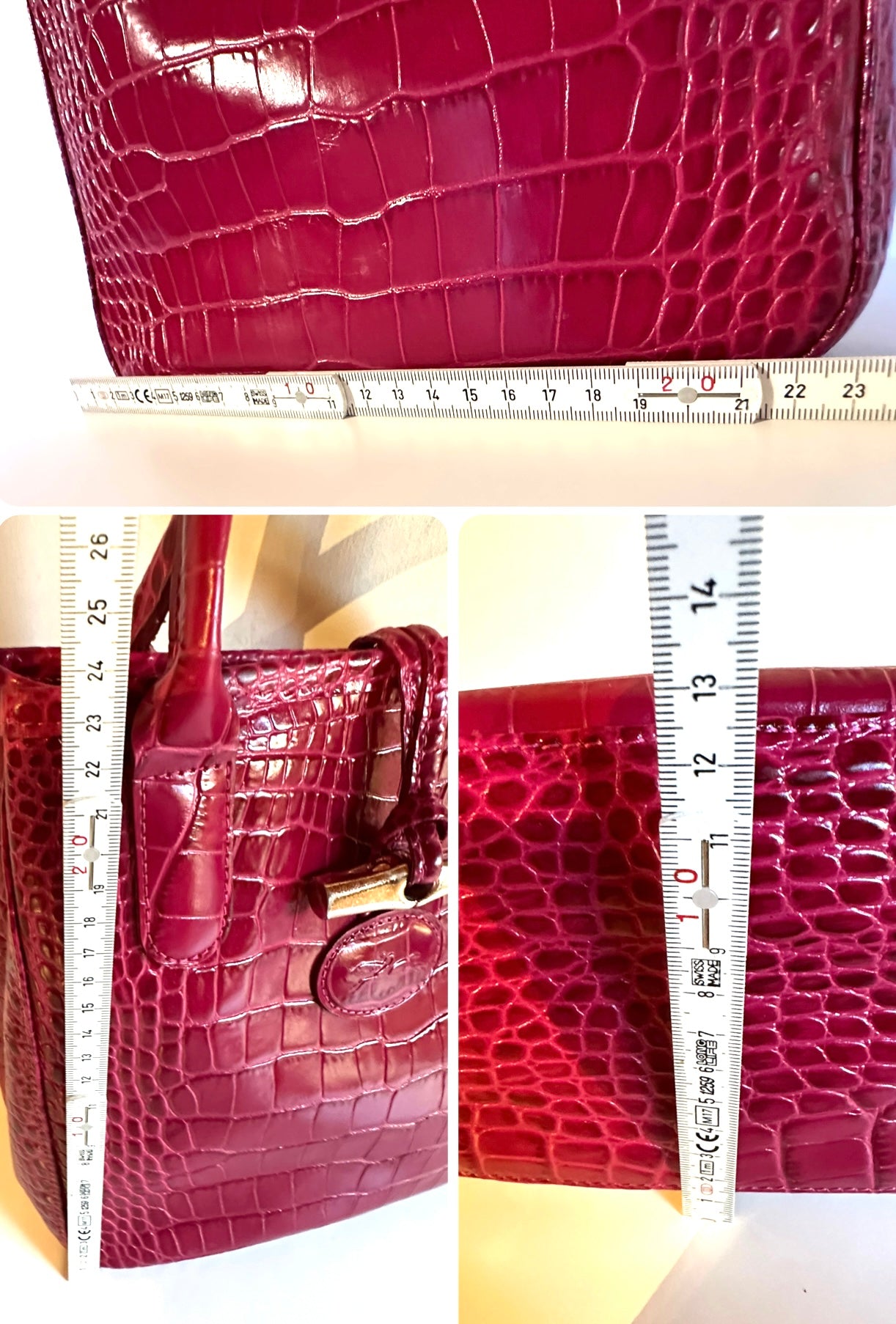 Longchamp Sac Roseau effet croco Framboise.