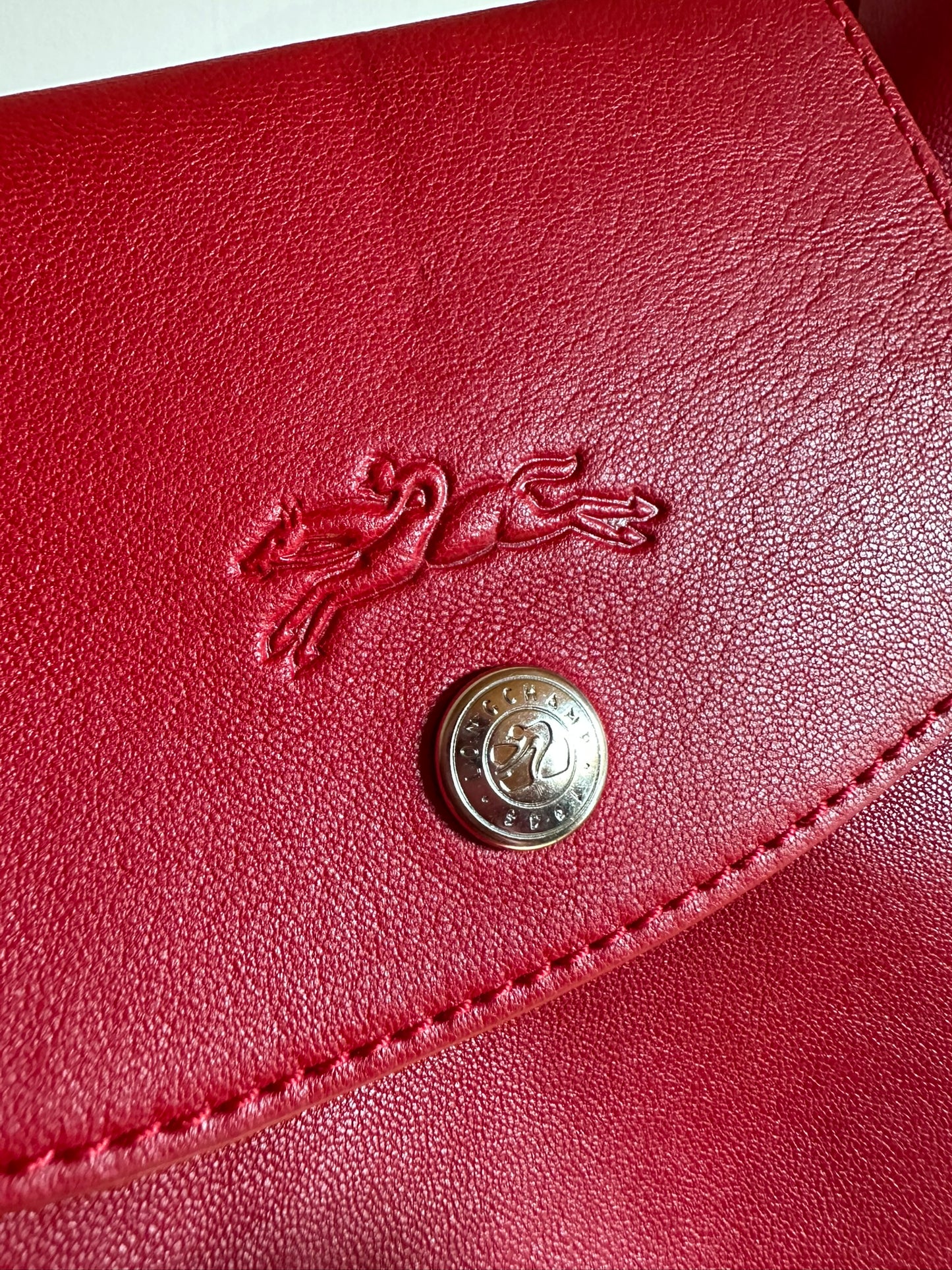 Sac Longchamp "Le Pliage Cuir" - Rouge Cerise - Neuf