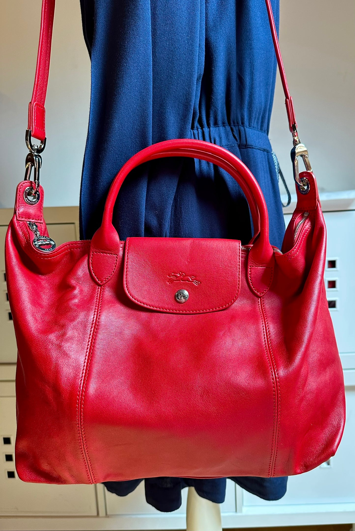 Sac Longchamp "Le Pliage Cuir" - Rouge Cerise - Neuf