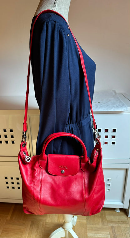Sac Longchamp "Le Pliage Cuir" - Rouge Cerise - Neuf