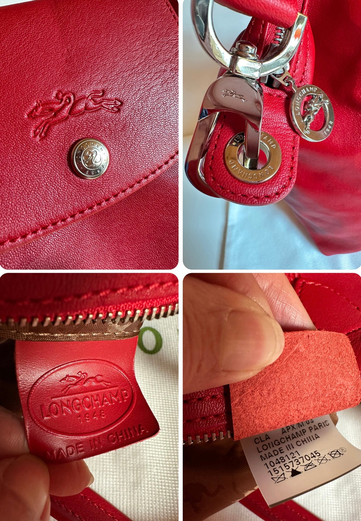 Sac Longchamp "Le Pliage Cuir" - Rouge Cerise - Neuf