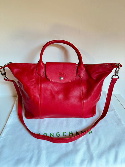 Sac Longchamp "Le Pliage Cuir" - Rouge Cerise - Neuf