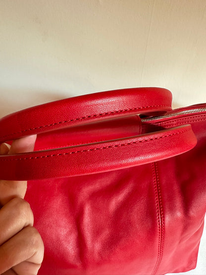 Sac Longchamp "Le Pliage Cuir" - Rouge Cerise - Neuf