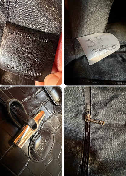 Longchamp Roseau Bag - Black Croc-Effect Leather