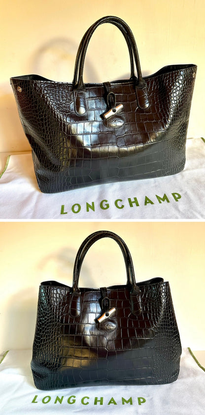 Longchamp Roseau Bag - Black Croc-Effect Leather