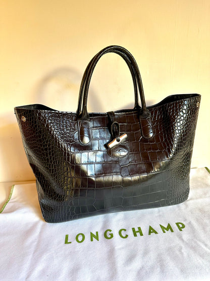 Longchamp Roseau Bag - Black Croc-Effect Leather