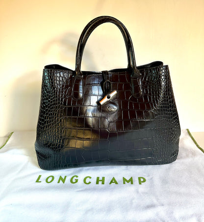 Longchamp Roseau Bag - Black Croc-Effect Leather